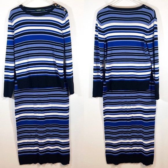 Ralph Lauren Dresses & Skirts - 2pc Ralph Lauren Striped Cotton-Blend Sweater & Midi High Rise Skirt Blue Sz XL